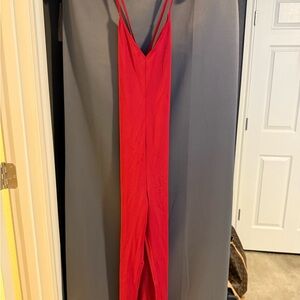 Red V-Neck Slip Jumpsuit with Spaghetti Straps